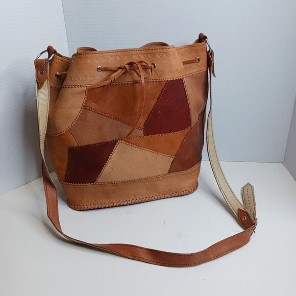 Vintage Handbags - Vintage 80's Leather Patchwork Drawstring Bucket Shoulder Cross Body Bag
